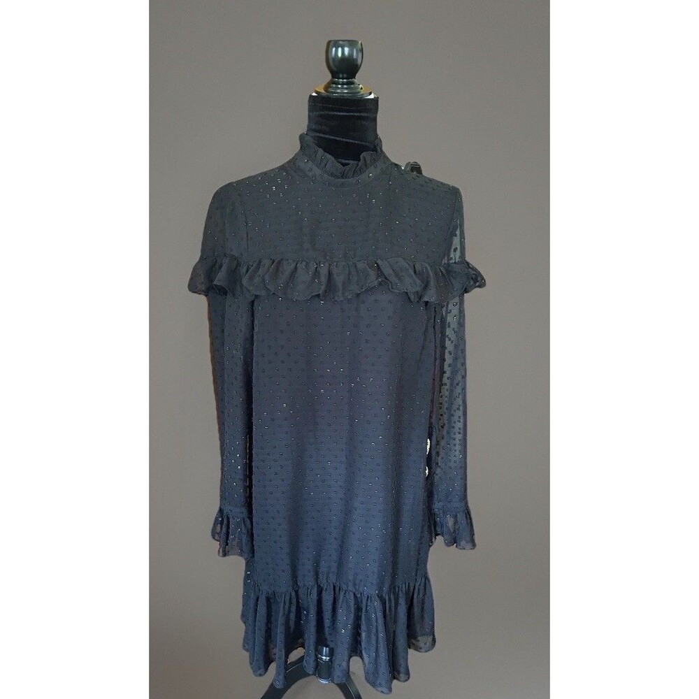 Betsey Johnson Black Rainbow Clip Dot Ruffled Dress High Neck Sheer Size 10 Midi